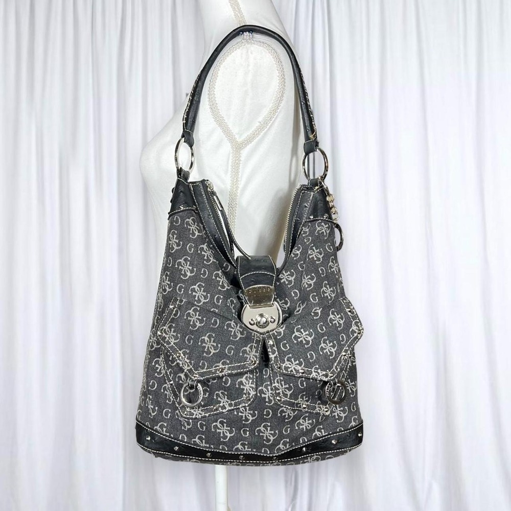 Vintage Guess Monogram Slouchy Shoulder Bag Studded Grey Black Silver